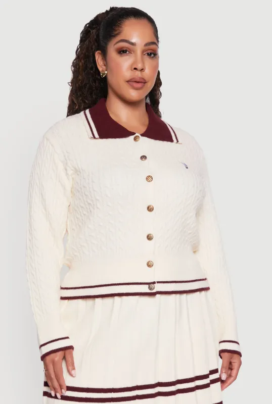 Plus Size Bear Patch Graphic Varsity Stripe Cardigan sold by Rainbow
