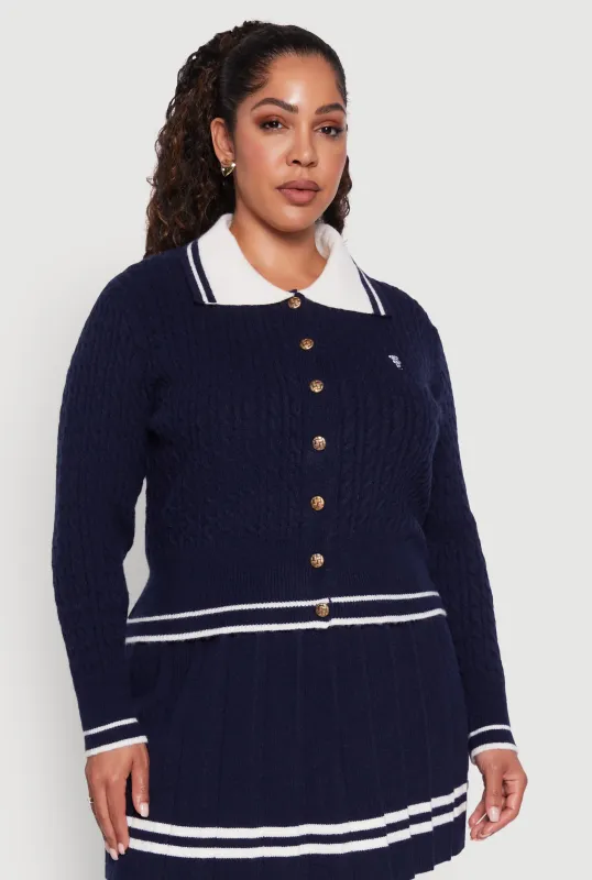 Plus Size Bear Patch Graphic Varsity Stripe Cardigan sold by Rainbow