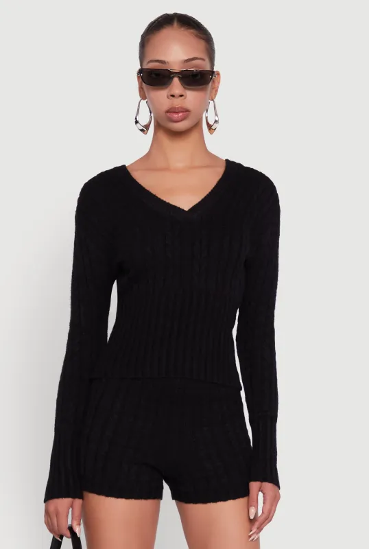 Cable Knit V Neck Hooded Sweater made by Rainbow