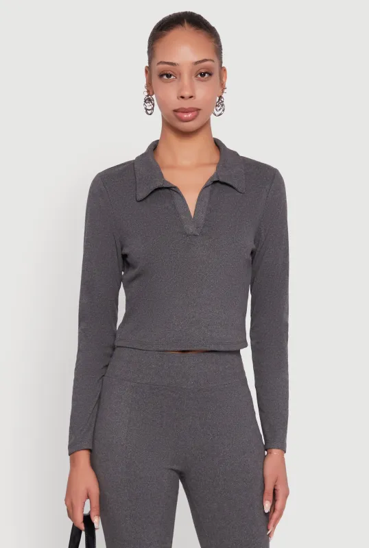 Brushed Knit Cropped Johnny Collar Polo Shirt sold by Rainbow