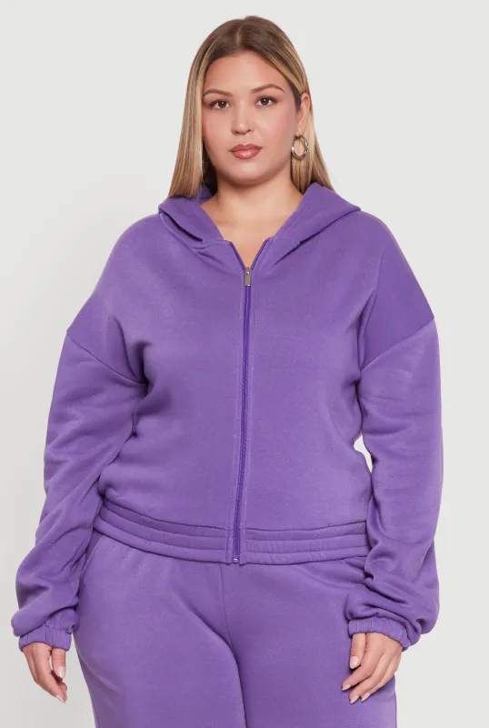 Plus Size Long Sleeve Zip Front Elastic Hem Hoodie sold by Rainbow