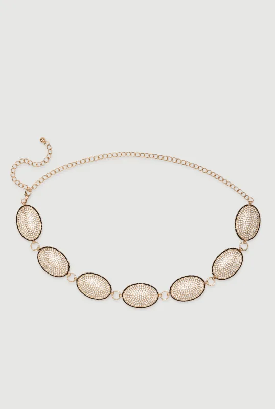 Plus Size Metallic Oval Rhinestone Medallion Chain Belt sold by Rainbow