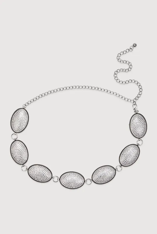 Plus Size Metallic Oval Rhinestone Medallion Chain Belt sold by Rainbow