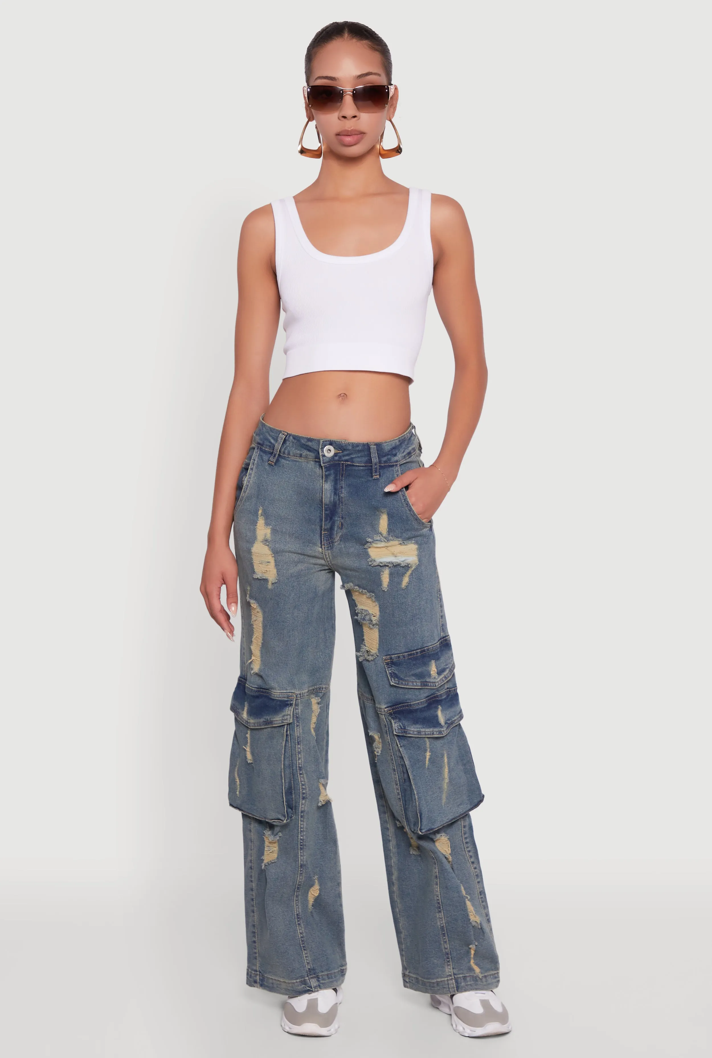 Mineral Wash Distressed Frayed Wide Leg Utility Jeans sold by Rainbow