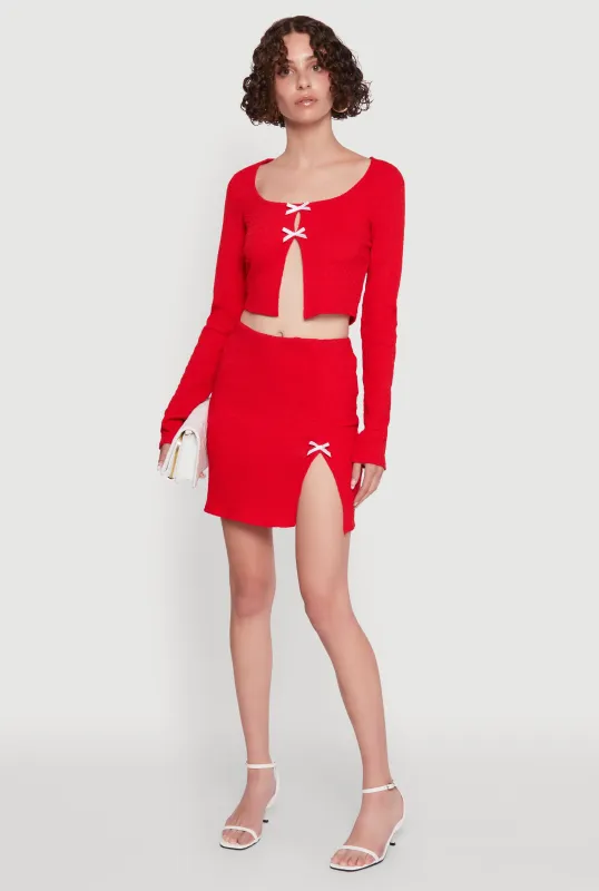 Textured Knit Bow Detail Side Slit Mini Skirt sold by Rainbow