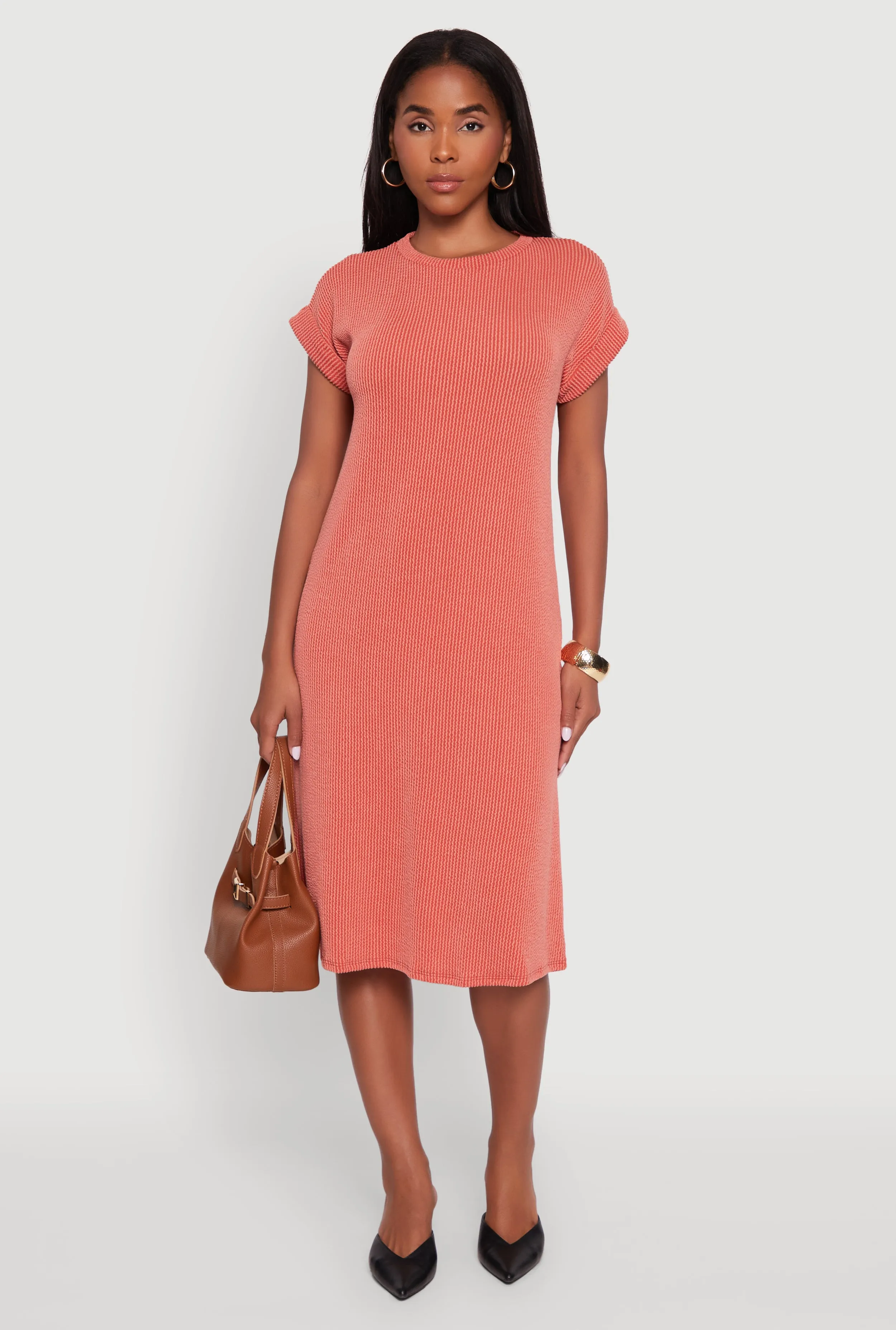 Rib Knit Shadow Stripe Fixed Cuff T-Shirt Dress sold by Rainbow