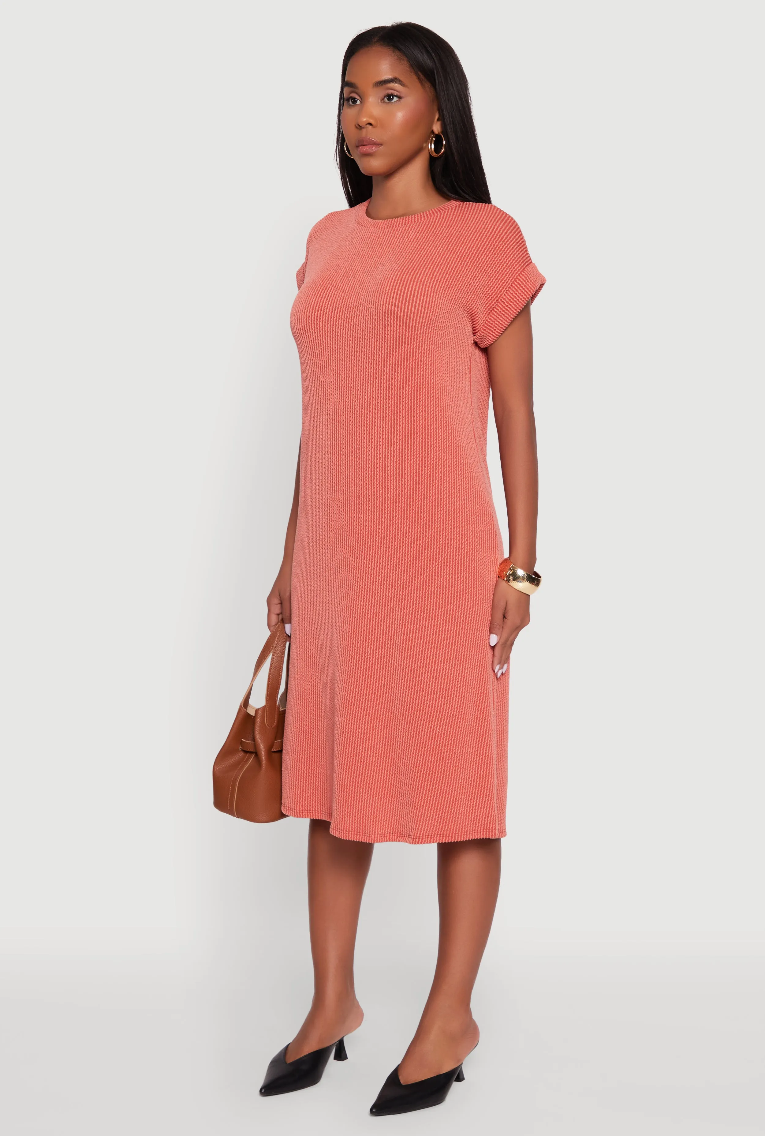 Rib Knit Shadow Stripe Fixed Cuff T-Shirt Dress sold by Rainbow product image thumbnail 3