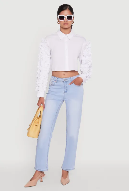 Ruffle Trim Sleeve Cropped Button Front Shirt sold by Rainbow