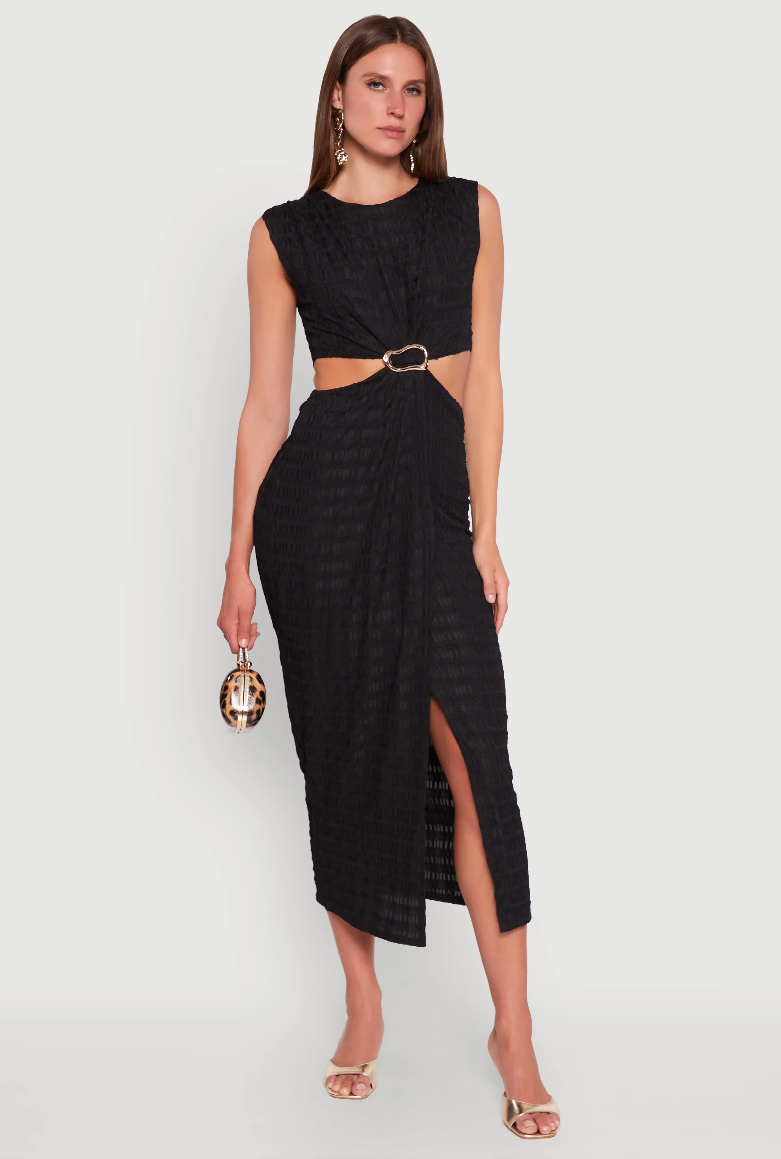 Textured Knit Metallic Detail Front Slit Midi Dress sold by Rainbow