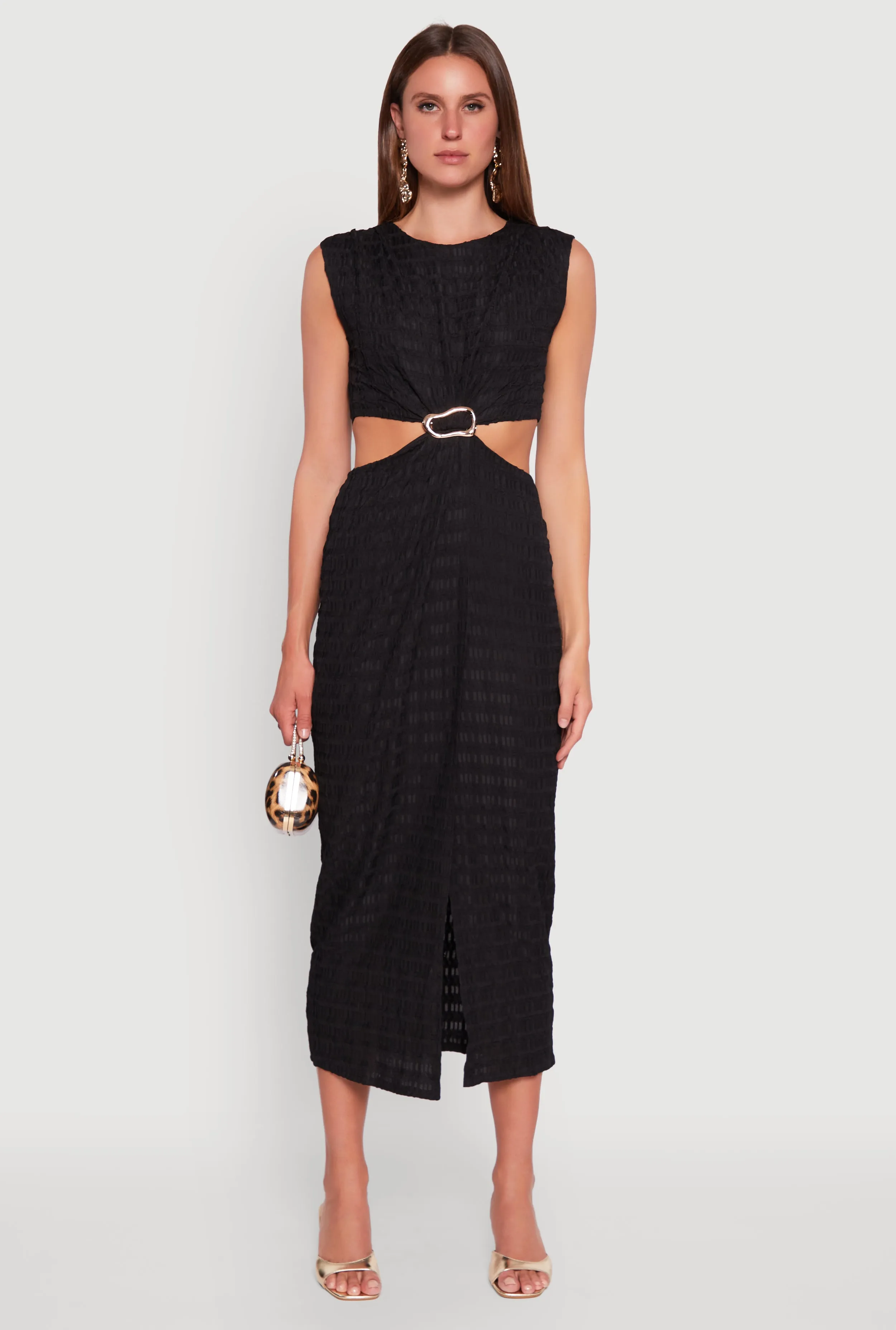 Textured Knit Metallic Detail Front Slit Midi Dress sold by Rainbow product image thumbnail 2