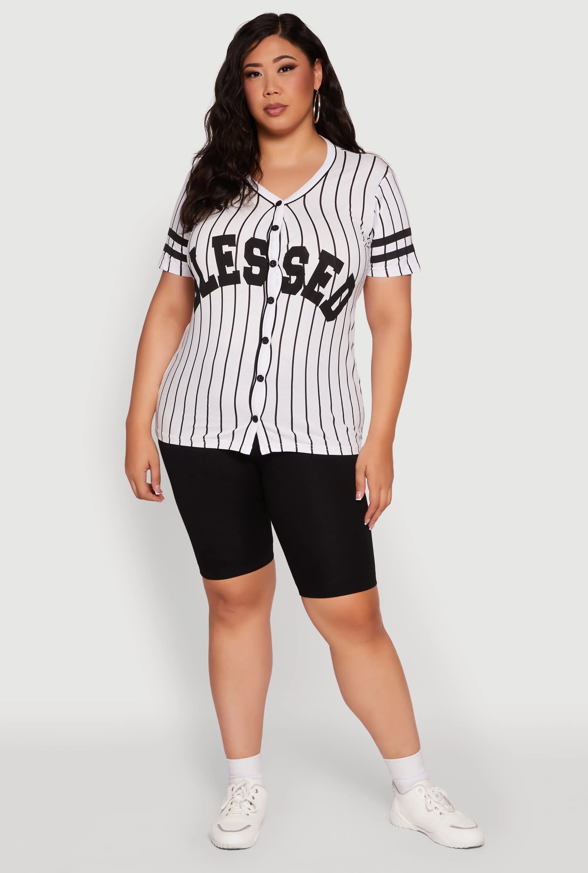 Plus Size Blessed 1 Graphic Striped Baseball Tee sold by Rainbow