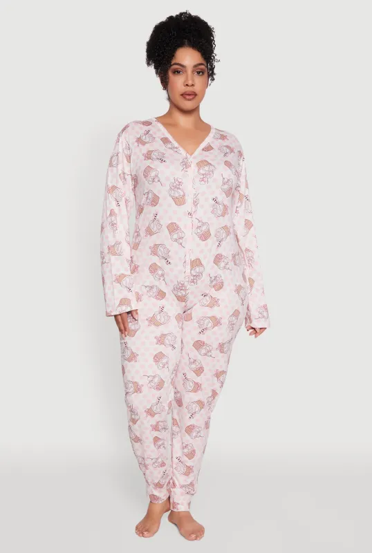 Plus Size Polka Dot Cupcake Graphic Pajama Onesie sold by Rainbow