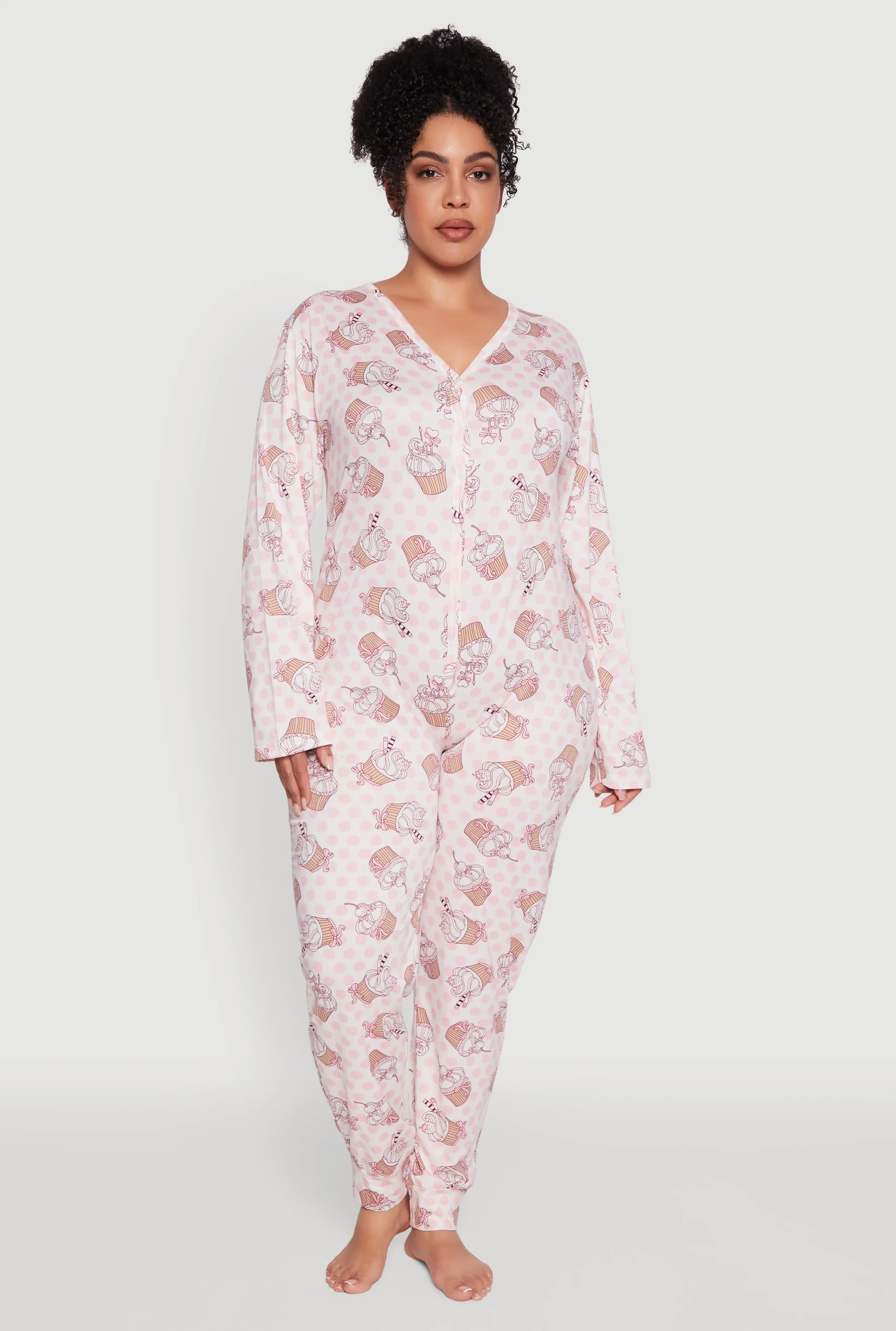 Plus Size Polka Dot Cupcake Graphic Pajama Onesie sold by Rainbow