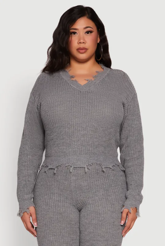 Plus Size Crochet V-Neck Frayed Sweater sold by Rainbow