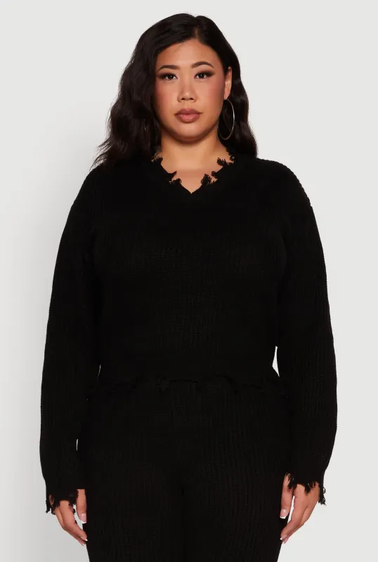 Plus Size Crochet V-Neck Frayed Sweater sold by Rainbow
