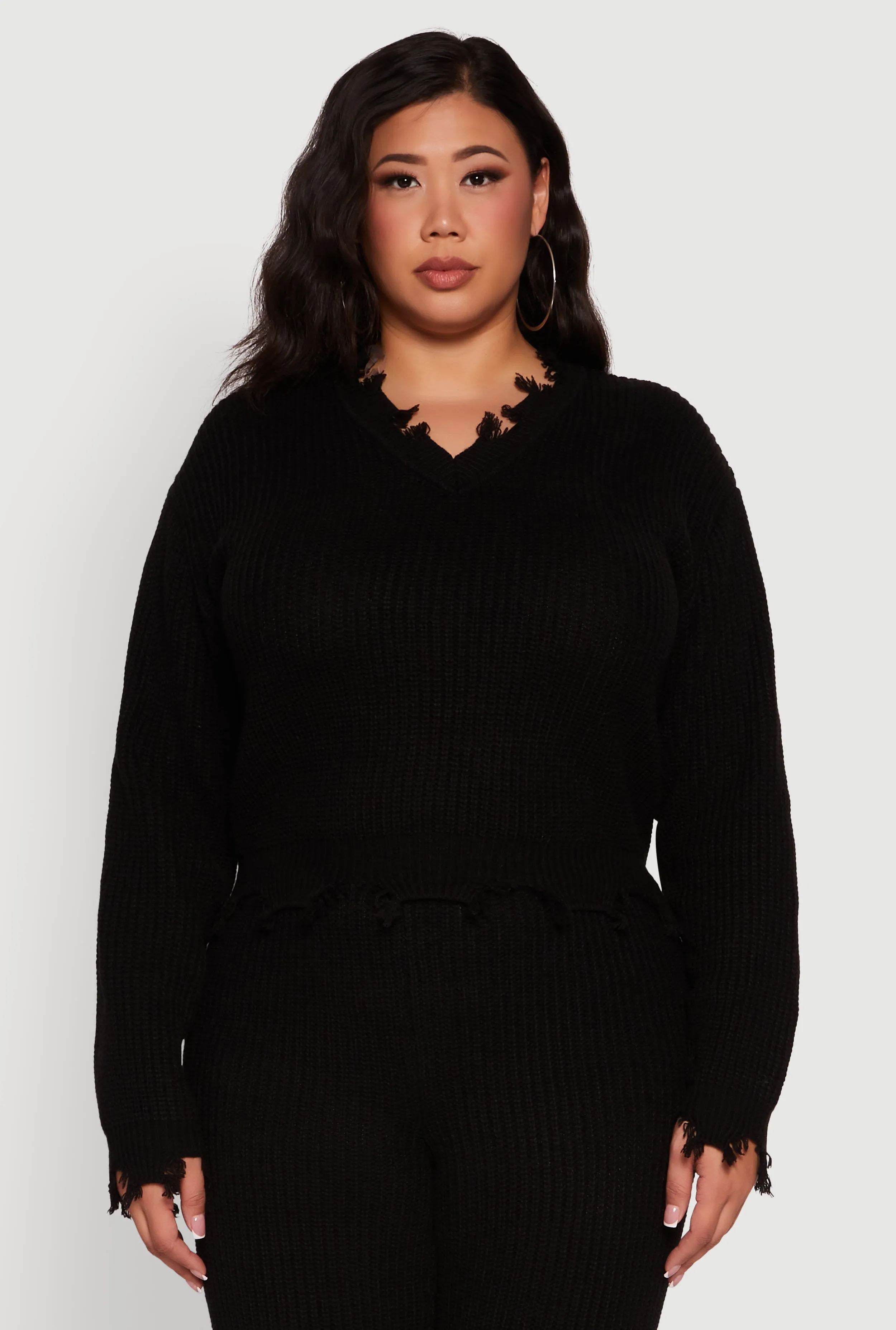 Plus Size Crochet V-Neck Frayed Sweater sold by Rainbow
