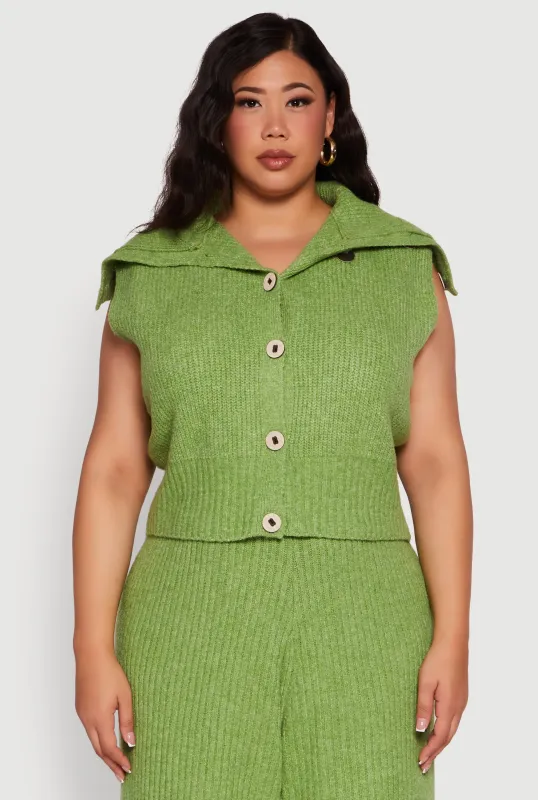 Plus Size Sleeveless Collared Button Front Cardigan sold by Rainbow