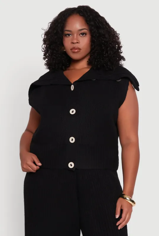 Plus Size Sleeveless Collared Button Front Cardigan sold by Rainbow