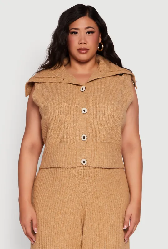 Plus Size Sleeveless Collared Button Front Cardigan sold by Rainbow