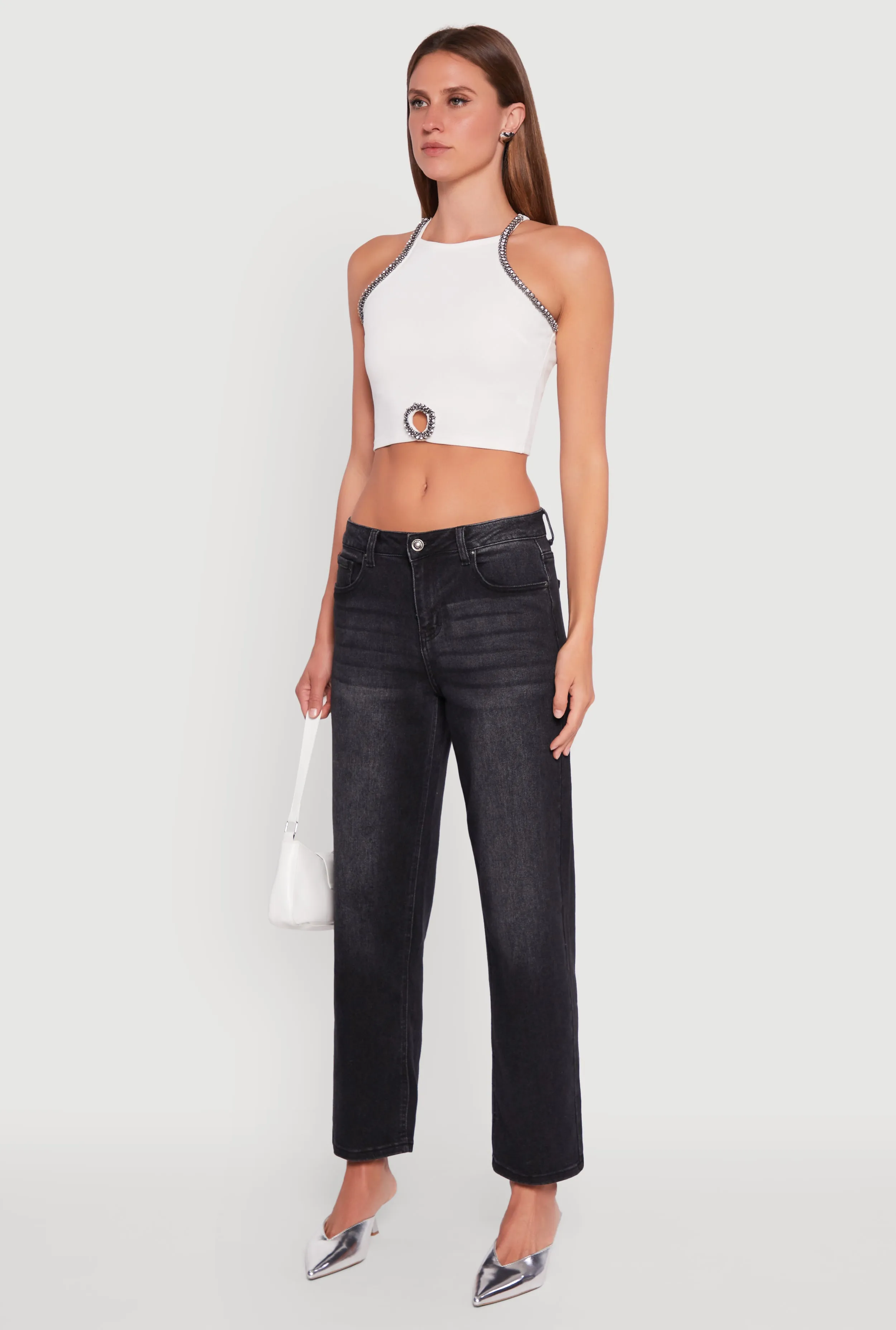 Rhinestone Studded Trim Detail Halter Crop Top sold by Rainbow product image thumbnail 5