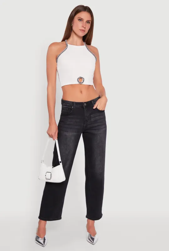 Rhinestone Studded Trim Detail Halter Crop Top sold by Rainbow