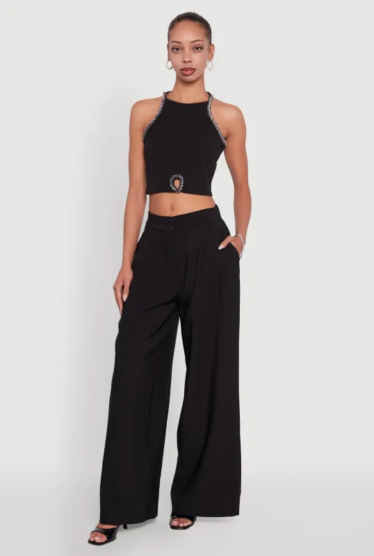 Rhinestone Studded Trim Detail Halter Crop Top sold by Rainbow