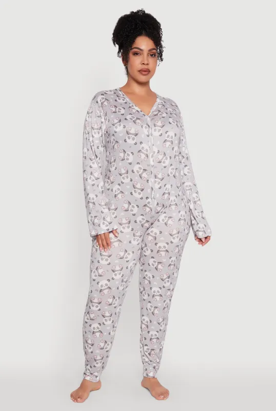 Plus Size Panda Graphic Print Pajama Onesie sold by Rainbow