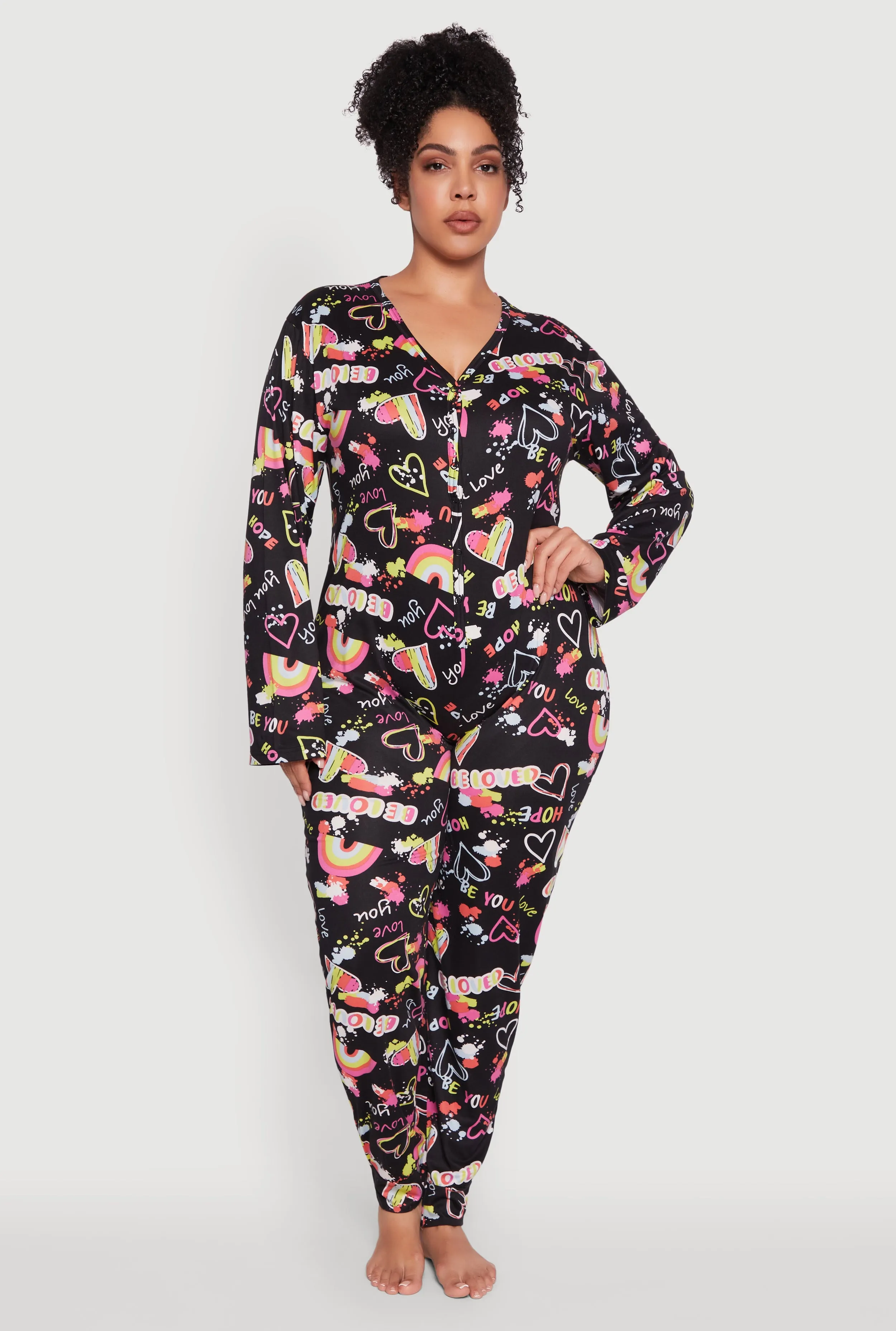 Plus Size Be Loved Graphic Pajama Onesie sold by Rainbow