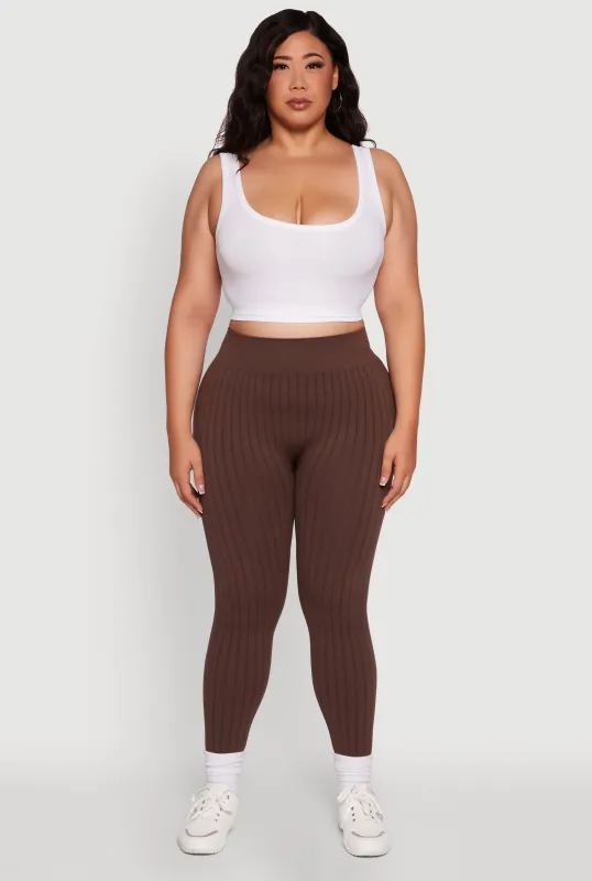 Plus Size High Waisted Ribbed Knit Seamless Leggings sold by Rainbow