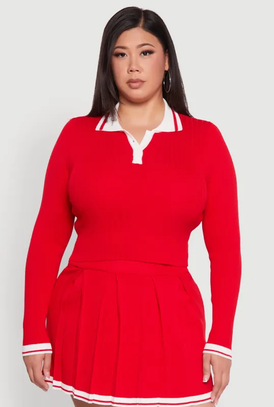 Plus Size Ribbed Knit Crop Varsity Stripe Sweater sold by Rainbow