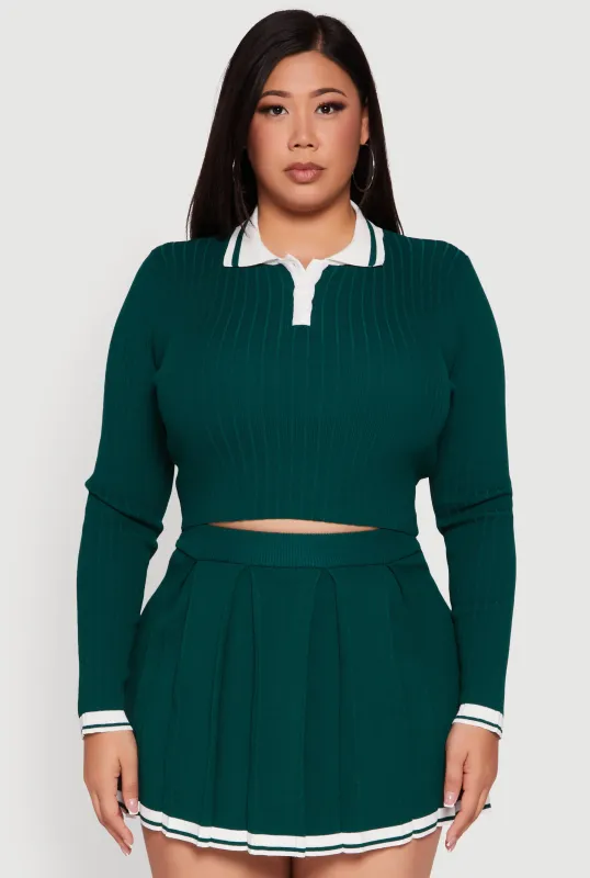 Plus Size Ribbed Knit Crop Varsity Stripe Sweater sold by Rainbow