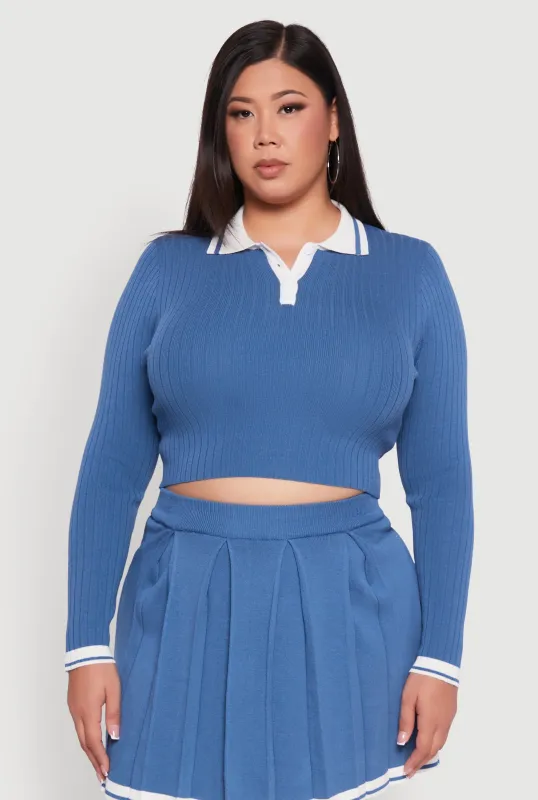 Plus Size Ribbed Knit Crop Varsity Stripe Sweater sold by Rainbow