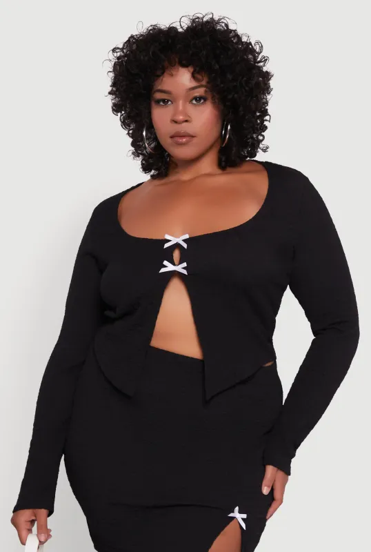 Plus Size Textured Knit Cropped Blouse with Slit Front sold by Rainbow