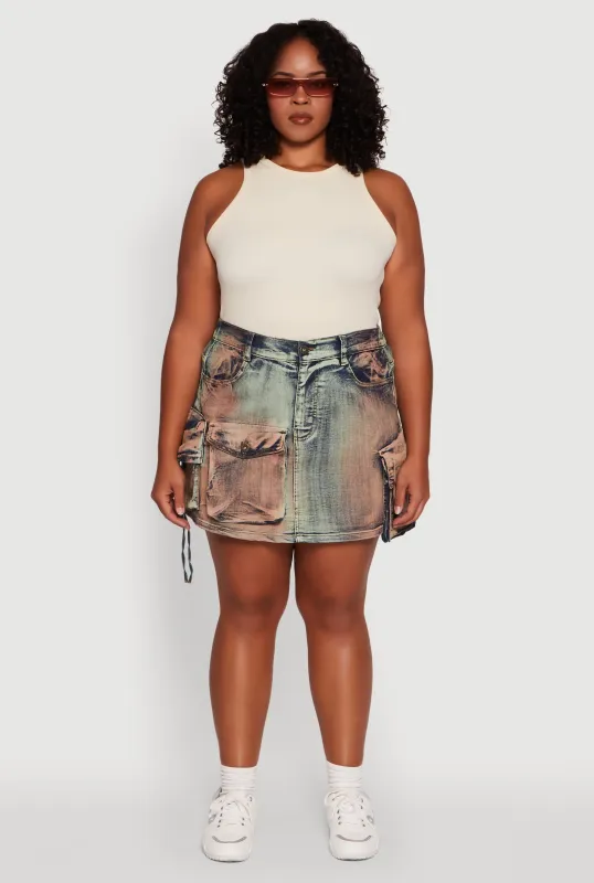 Plus Size Acid Wash High Waisted Mini Denim Skirt sold by Rainbow