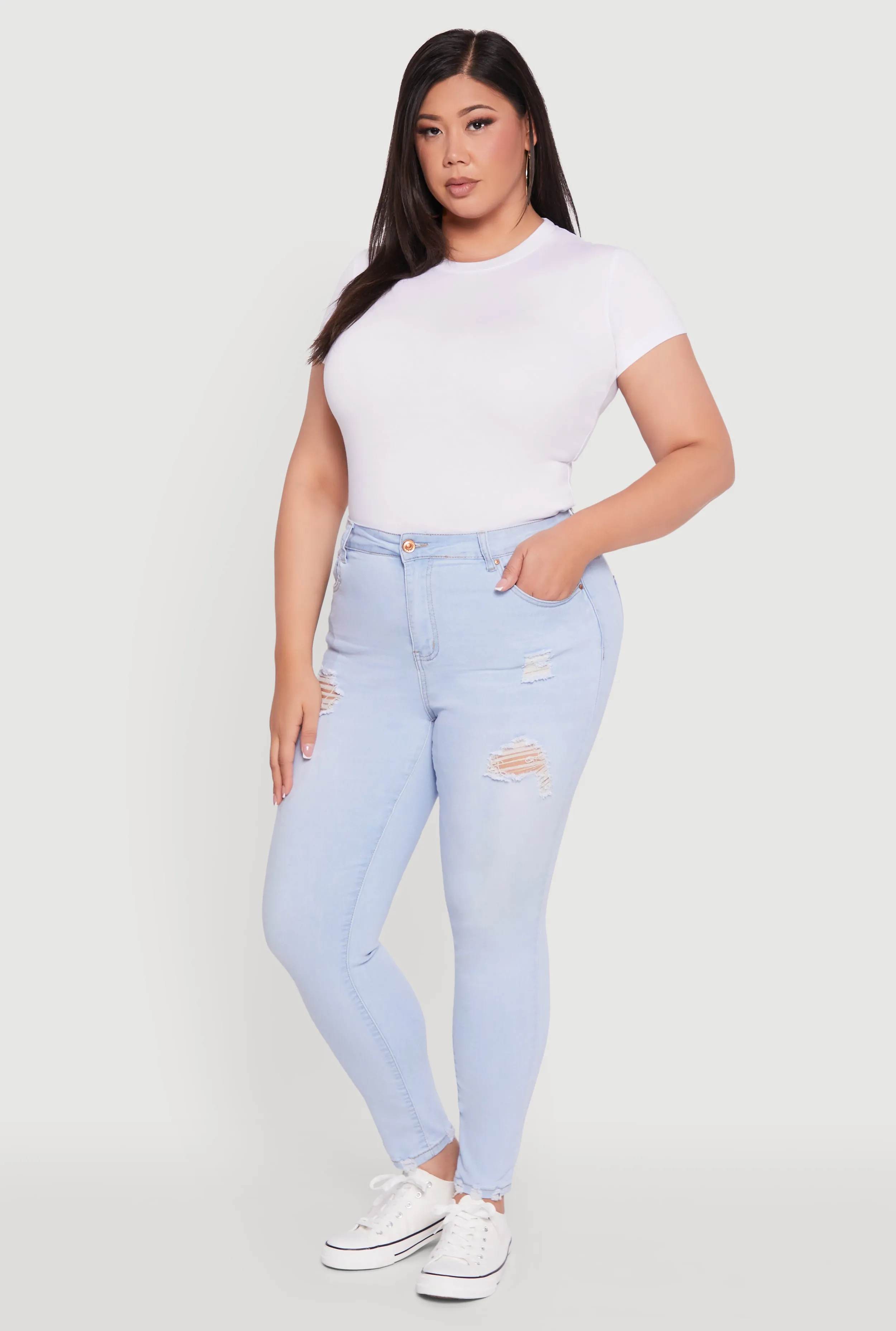 Plus Size High Waisted Distressed Skinny Jeans sold by Rainbow