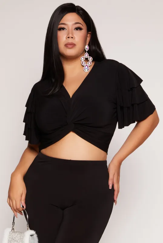 Plus Size Tiered Sleeve Twist Front Crop Top made by Rainbow