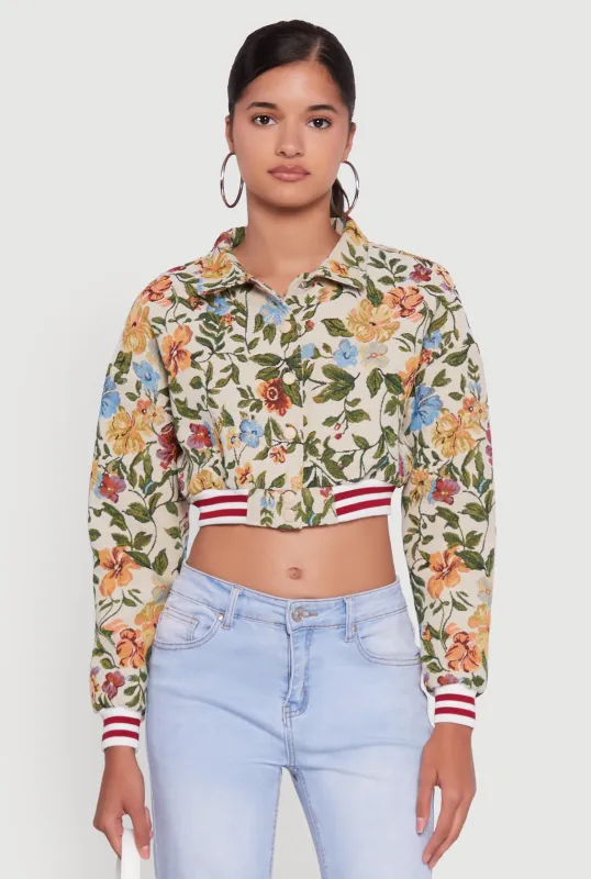 Floral Embroidered Jacquard Jacket with Varsity Stripes sold by Rainbow