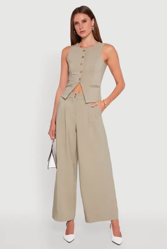 Solid Crepe Knit Pleated Detail Wide Leg Trousers sold by Rainbow