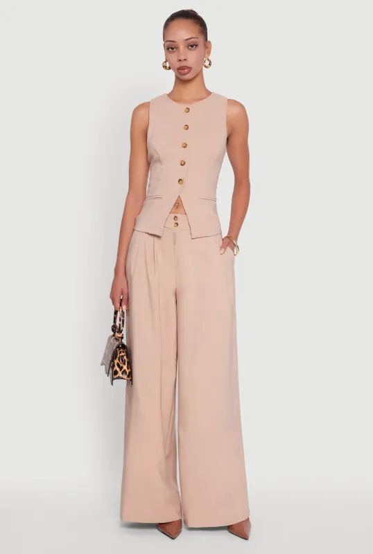 Solid Crepe Knit Pleated Detail Wide Leg Trousers made by Haute Monde
