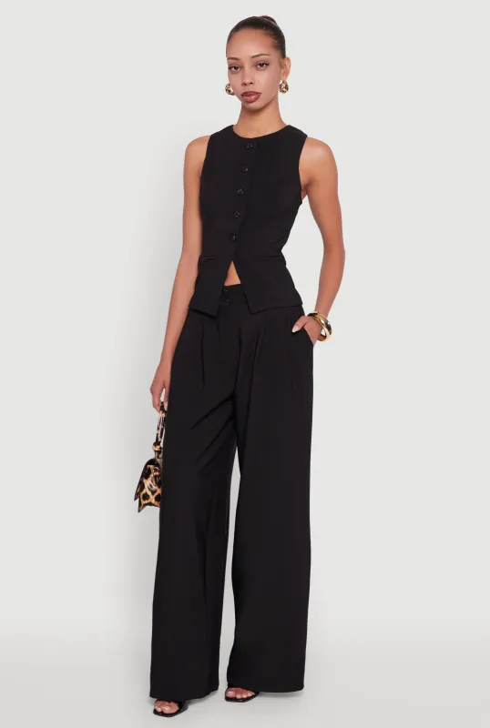 Solid Crepe Knit Pleated Detail Wide Leg Trousers sold by Rainbow