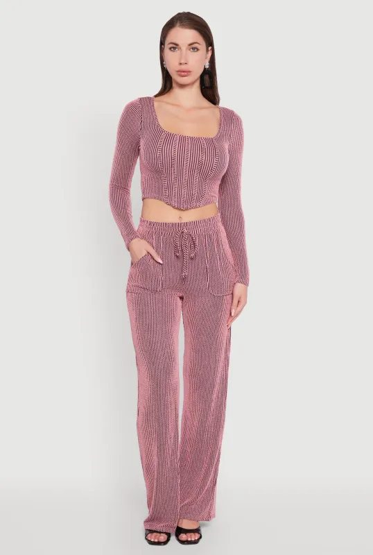 Rib Knit Shadow Stripe Straight Leg Pants made by Rainbow