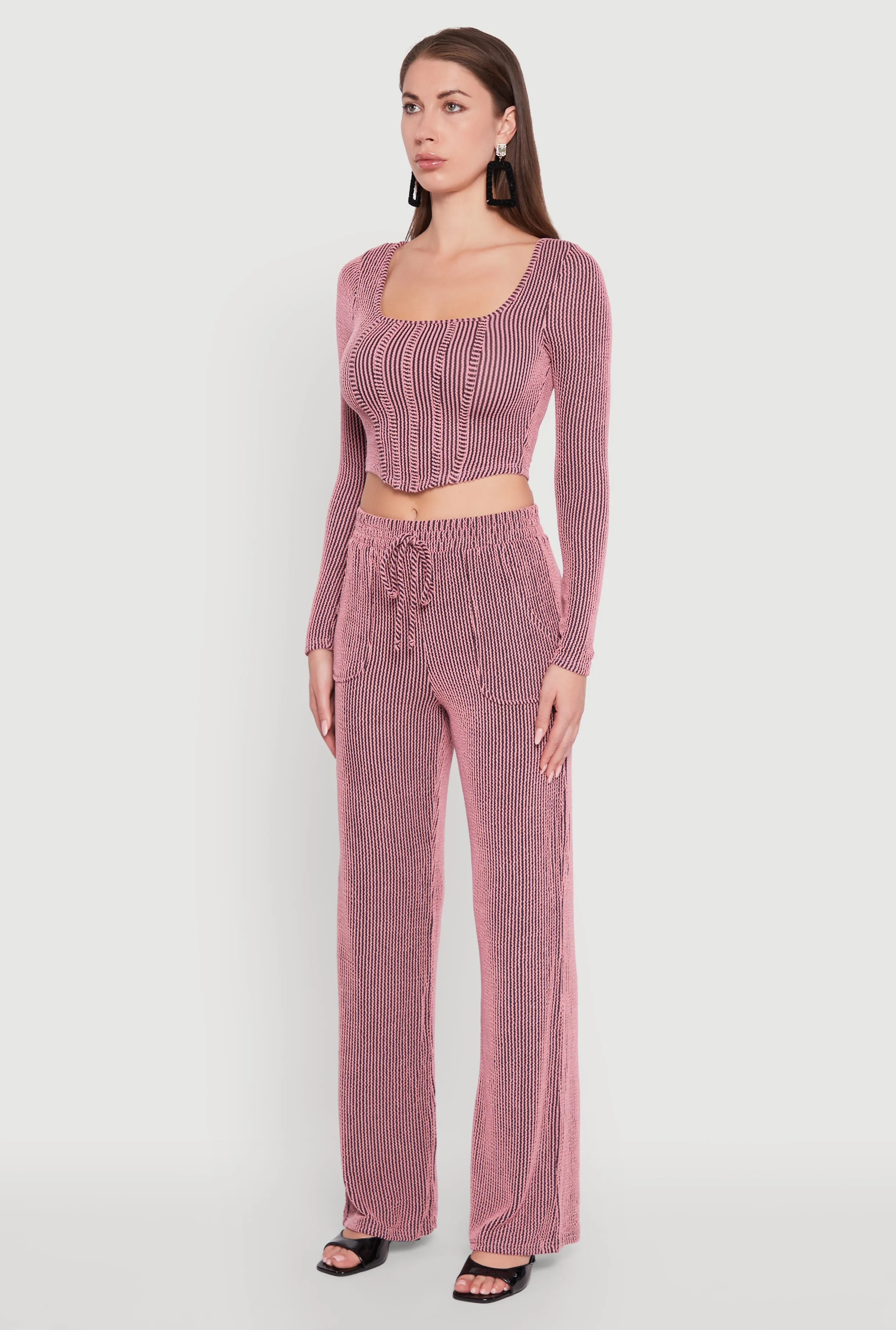 Rib Knit Shadow Stripe Corset Detail Crop Top sold by Rainbow product image thumbnail 5