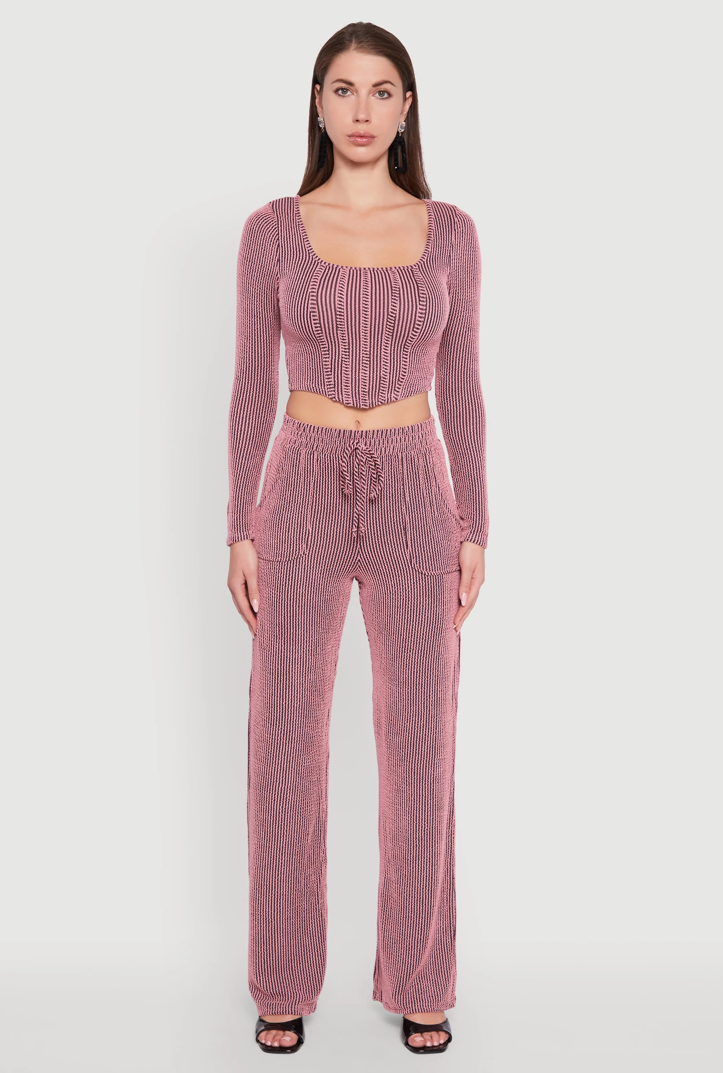 Rib Knit Shadow Stripe Corset Detail Crop Top sold by Rainbow product image thumbnail 3