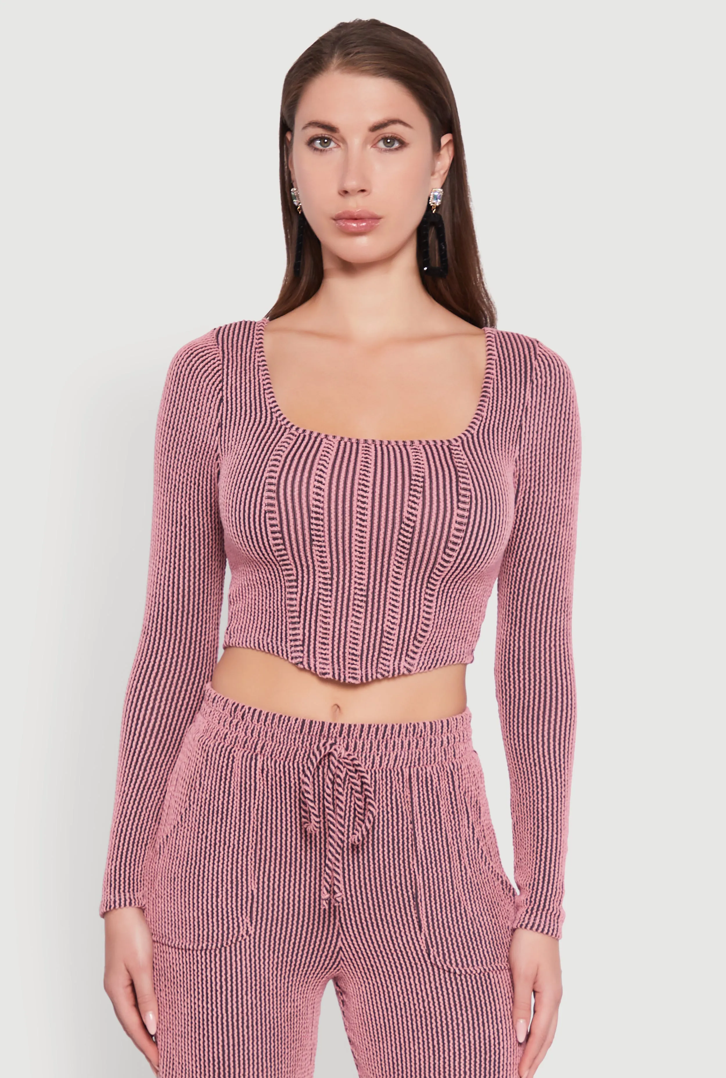 Rib Knit Shadow Stripe Corset Detail Crop Top sold by Rainbow