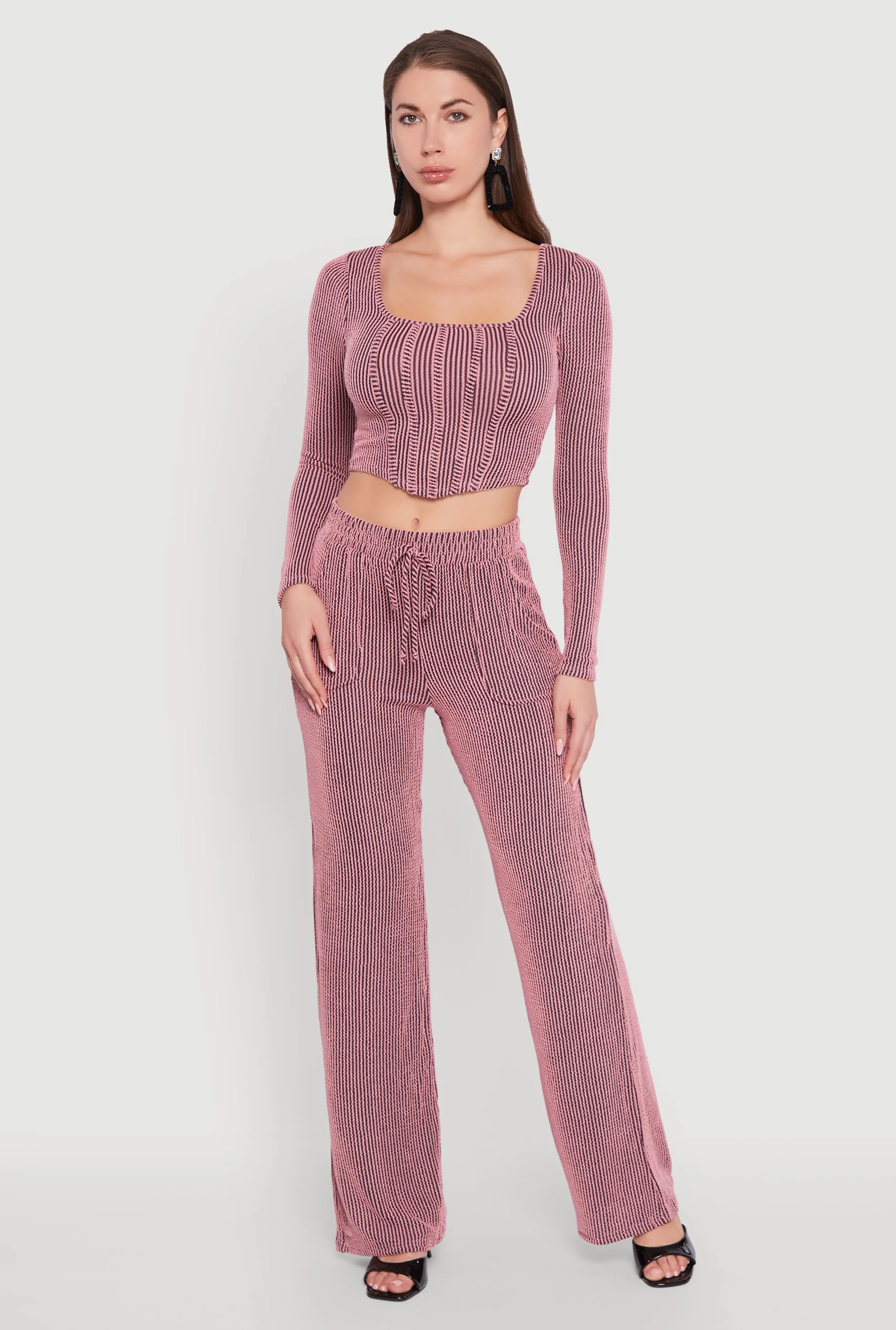 Rib Knit Shadow Stripe Corset Detail Crop Top sold by Rainbow product image thumbnail 2