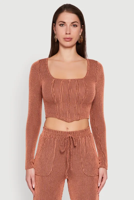 Rib Knit Shadow Stripe Corset Detail Crop Top sold by Rainbow