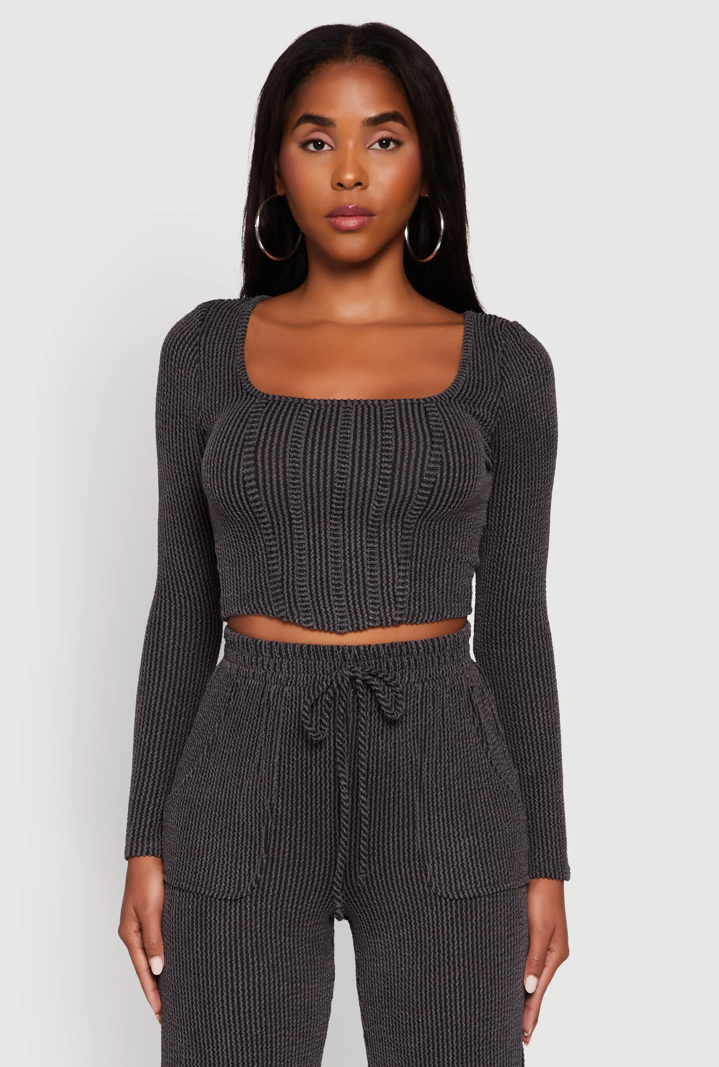 Rib Knit Shadow Stripe Corset Detail Crop Top sold by Rainbow