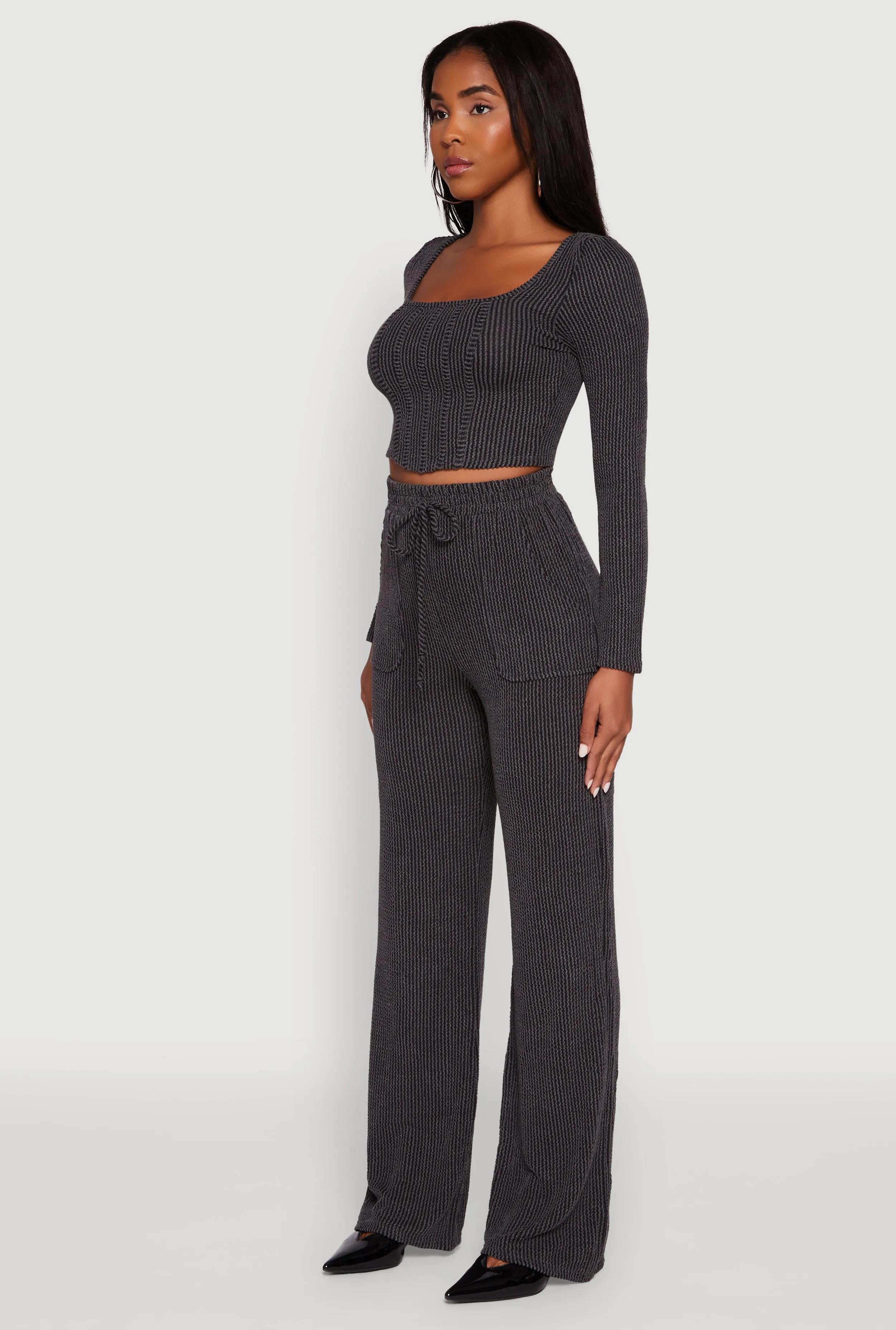 Rib Knit Shadow Stripe Corset Detail Crop Top sold by Rainbow product image thumbnail 5