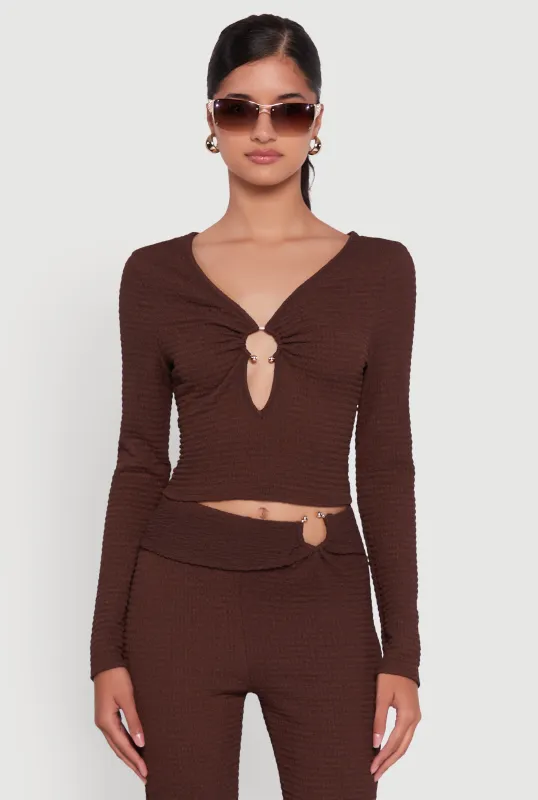 O Ring Cut Out Textured Knit Cropped Blouse sold by Rainbow