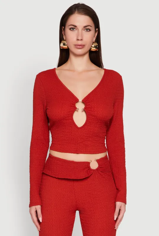 O Ring Cut Out Textured Knit Cropped Blouse sold by Rainbow